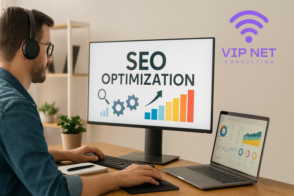 Consultant SEO analizând date și optimizând performanța site-urilor web în biroul său - VIP NET Consulting