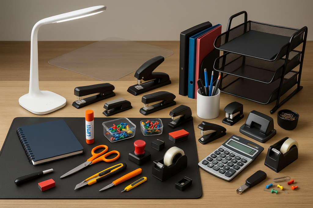 Accesorii pentru birou: capsatoare, decapsator, tacker, perforator, calculator, tavă documente, suport vertical, lampă LED, agrafe, capse, pioneze, ace gamalie, lipici, dispenser bandă, bandă adezivă, foarfecă, cutter, ștampilă, tuș, caiet și mapă de birou.