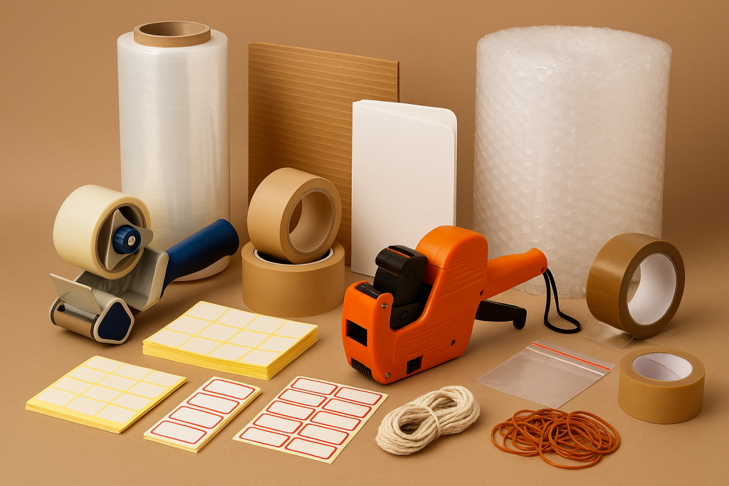 Set de produse pentru ambalare și marcare: folie stretch, bandă adezivă, aplicatoare, etichete, marcator, pungi cu închidere zip, sfoară și folie cu bule.