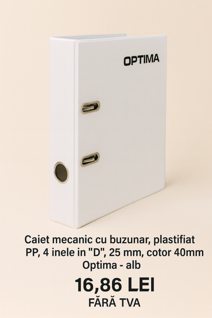 Caiet mecanic cu buzunar, plastifiat PP, 4 inele in D, 25 mm, cotor 40mm, Optima - alb