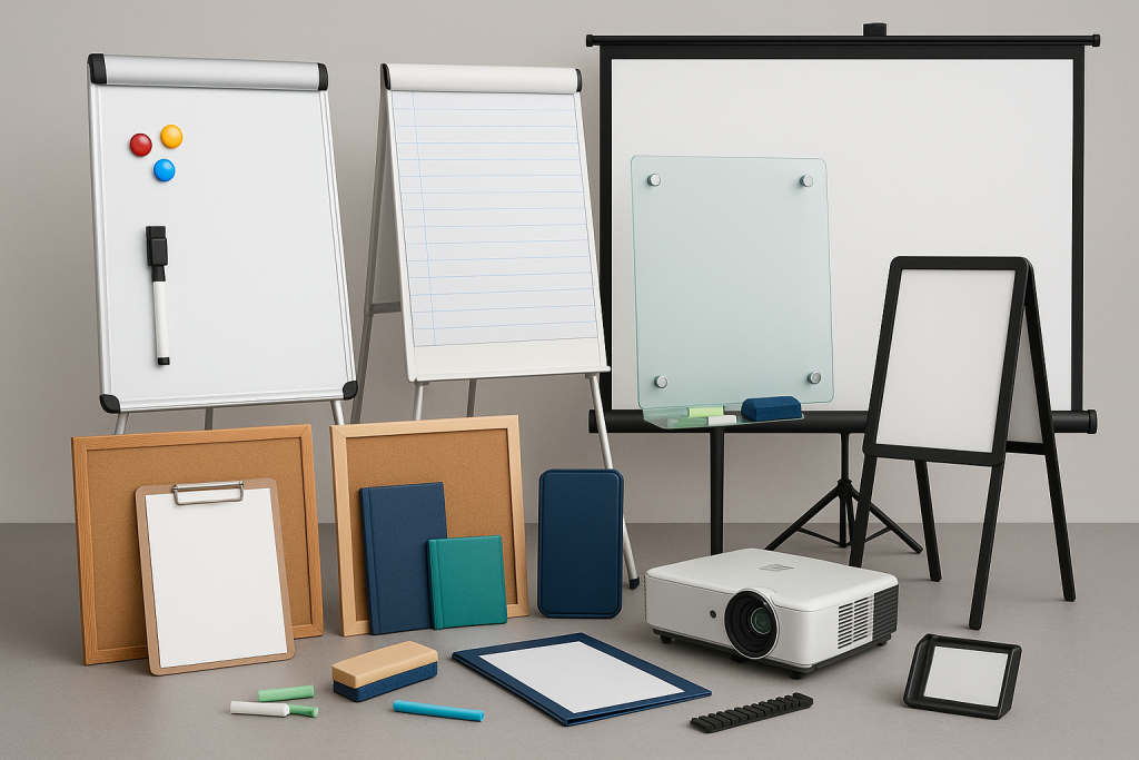 Set de produse pentru comunicare și prezentare: tablă magnetică, flipchart, panou de sticlă, panou de plută, videoproiector și accesorii.