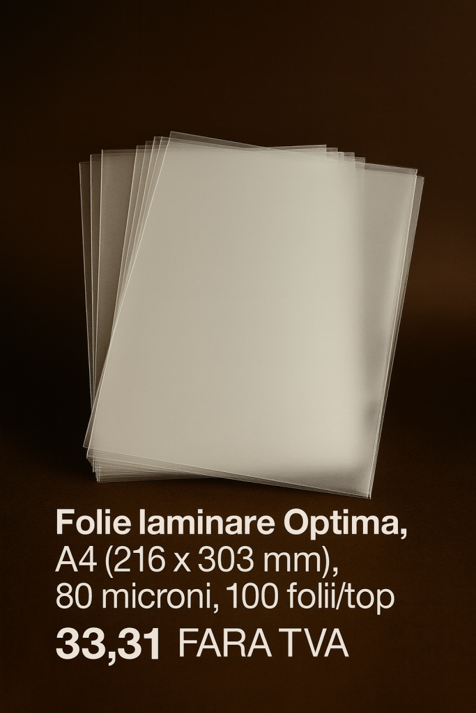 Folie laminare Optima, A4 (216 x 303 mm), 80 microni, 100 foliitopFolie laminare Optima, A4 (216 x 303 mm), 80 microni, 100 foliitop