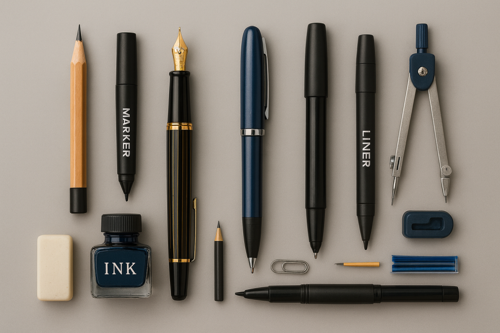 Instrumente de scris și desen: stilou, pix, roller, creion grafit, creion mecanic, cerneală, radieră, marker, liner, compas și ascuțitoare.