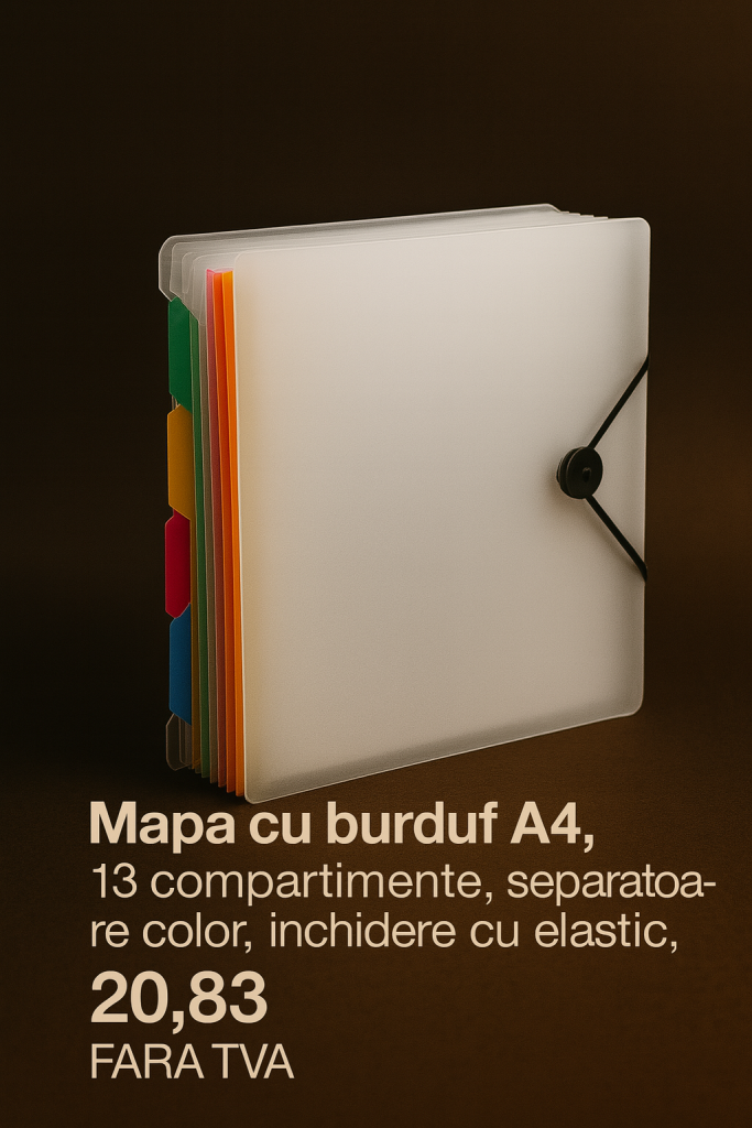 Mapa cu burduf A4, 13 compartimente, separatoare color, inchidere cu elastic, Optima