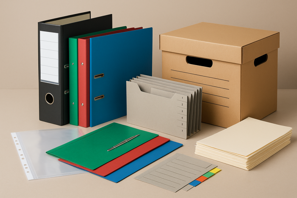 Set de produse pentru arhivare: bibliorafturi, dosare, mape, file plastic, separatoare și cutii de arhivare.