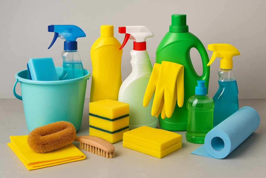 Set de produse de curățenie pentru birou: detergenti, spray-uri, bureți, mănuși, lavete și accesorii de curățare