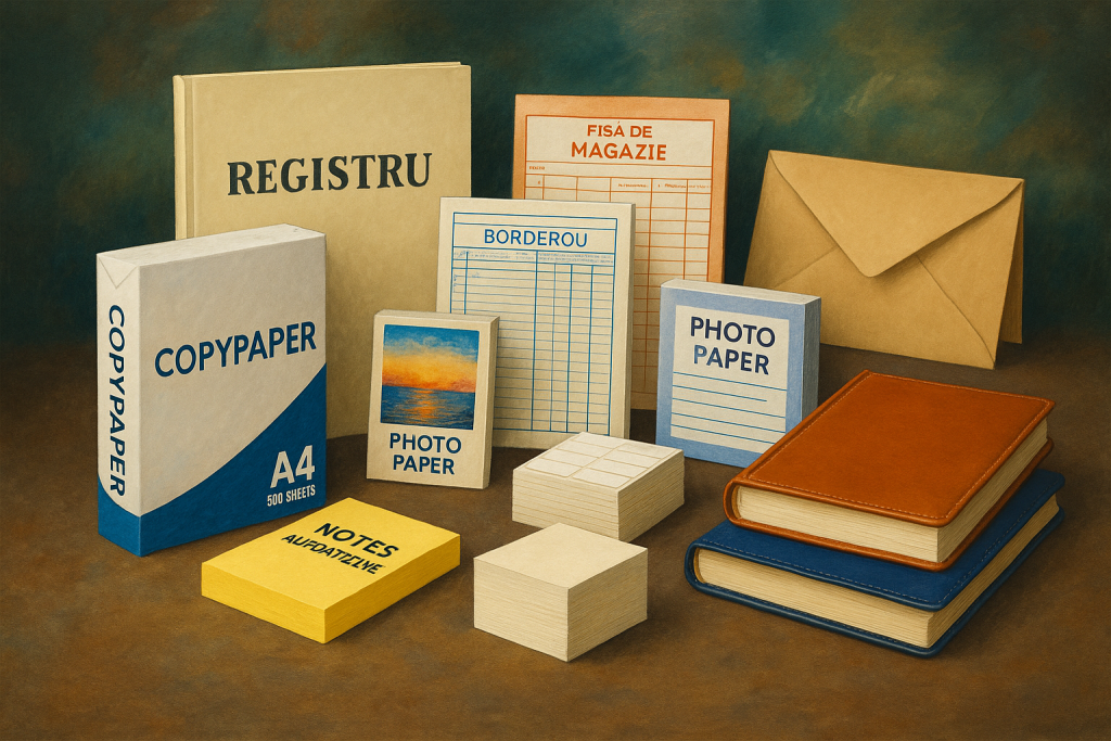 produse de papetărie pentru office: hârtie A4, plicuri, registre, fișe de magazie, etichete, notes adezive și agende