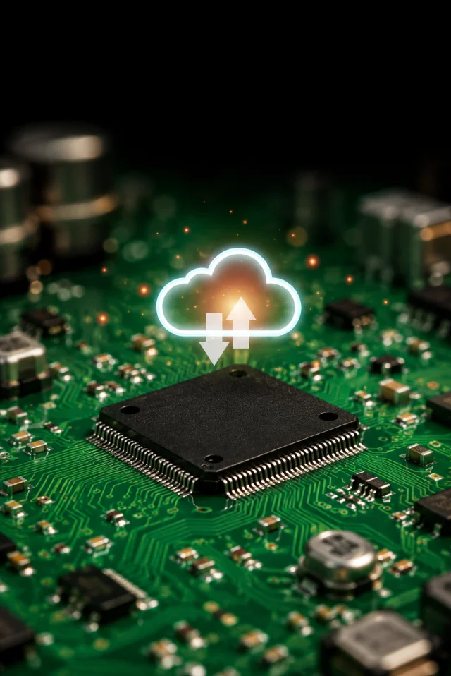 Ilustrație cu circuit digital și icon cloud pentru backup automat date.