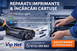 Reparații imprimante și încărcări cartușe – soluții rapide și profesionale cu Vip Net Consulting